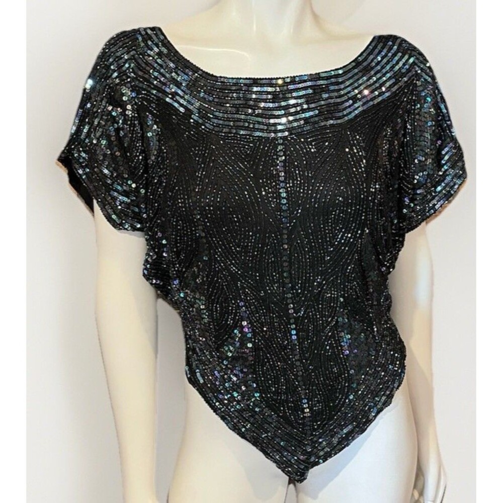 Metamorphosis Vintage Silk Hand Beaded Sequined Blouse Top Size M/L